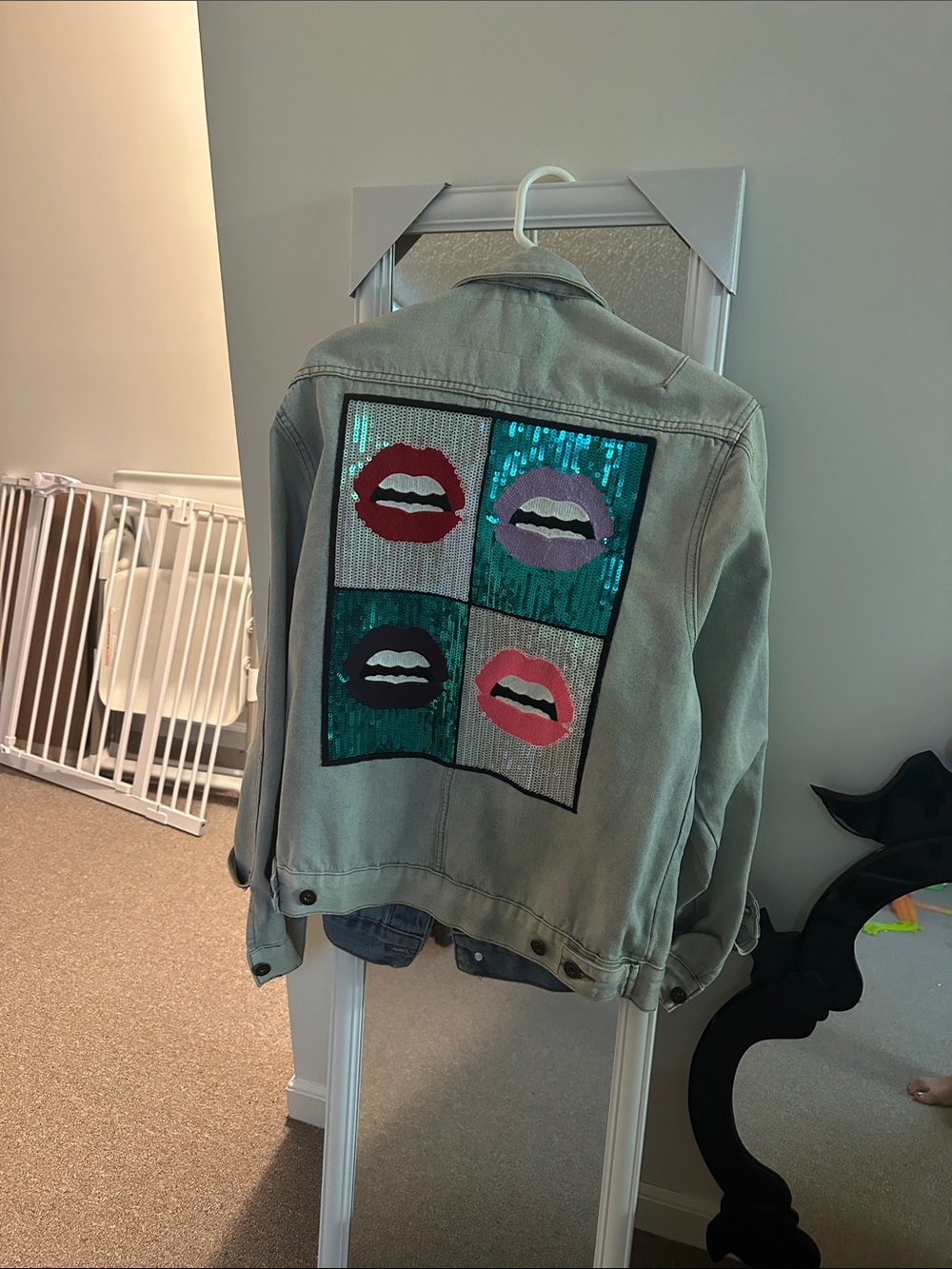 Women’s Sequin Lip Patch Denim Jacket - Mint Green embellished